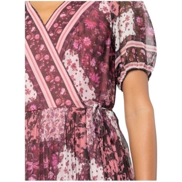 MARCHESA Notte Floral Pleated A-Line Faux Wrap Short Sleeve Midi-Dress Size 6 - Picture 7 of 12